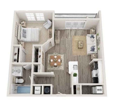 Floor plan for 1 bed, 1 bath, 750 sqft
